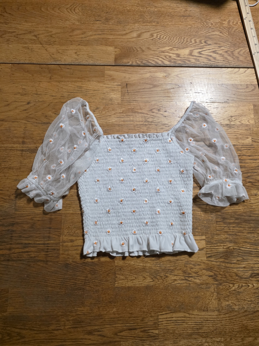 Altar'd State y2k smocked crop daisy floral top with sheer sleeves